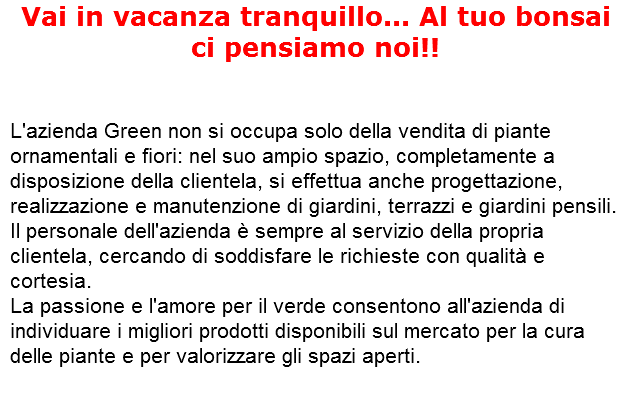 Vai in vacanza tranquillo... Al tuo bonsai ci pensiamo noi!! L'azienda Green non si occupa solo della vendita di piante ornamentali e fiori: nel suo ampio spazio, completamente a disposizione della clientela, si effettua anche progettazione, realizzazione e manutenzione di giardini, terrazzi e giardini pensili. Il personale dell'azienda è sempre al servizio della propria clientela, cercando di soddisfare le richieste con qualità e cortesia. La passione e l'amore per il verde consentono all'azienda di individuare i migliori prodotti disponibili sul mercato per la cura delle piante e per valorizzare gli spazi aperti. 